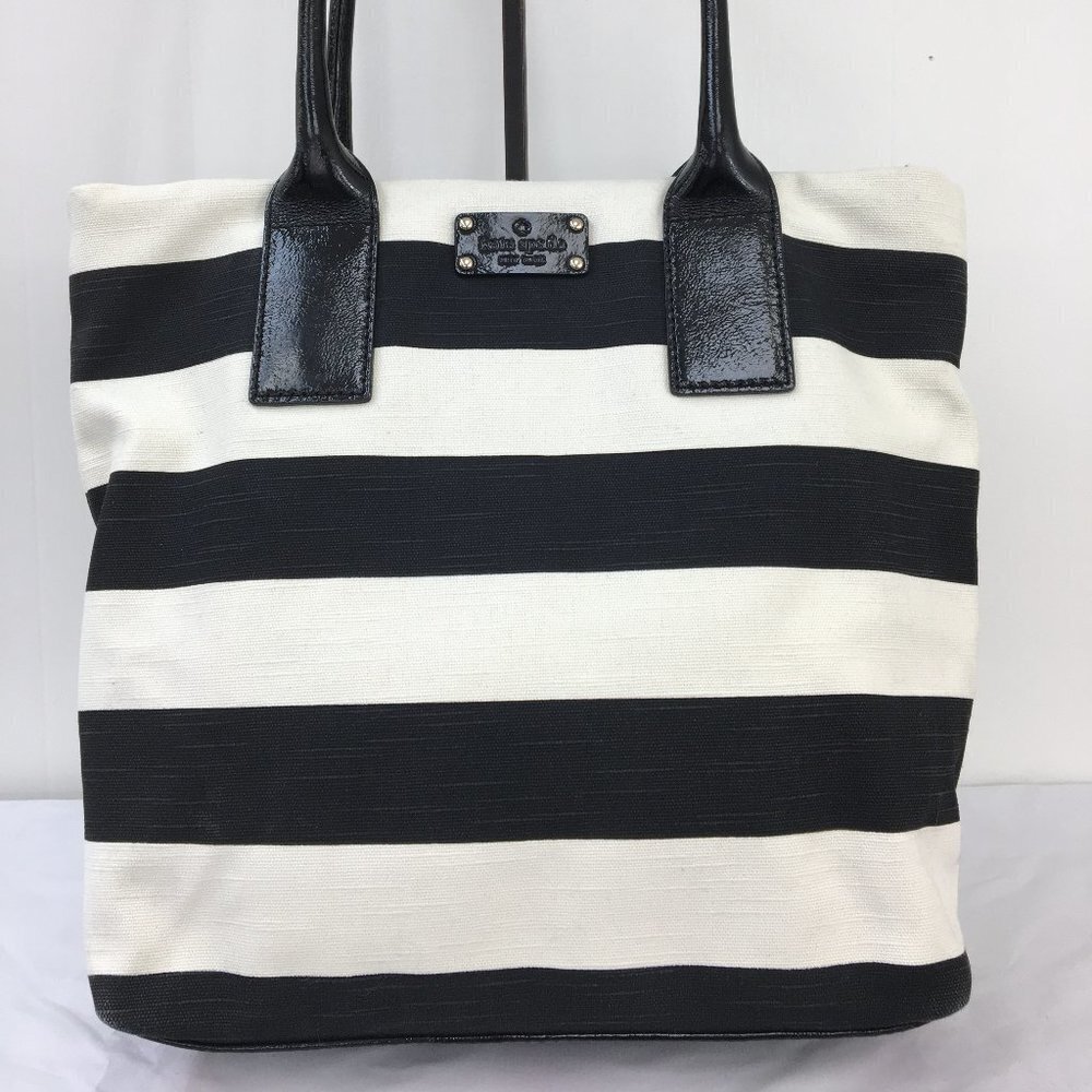 Kate Spade New York Black and White Stripe Canvas and Leather Tote GREAT